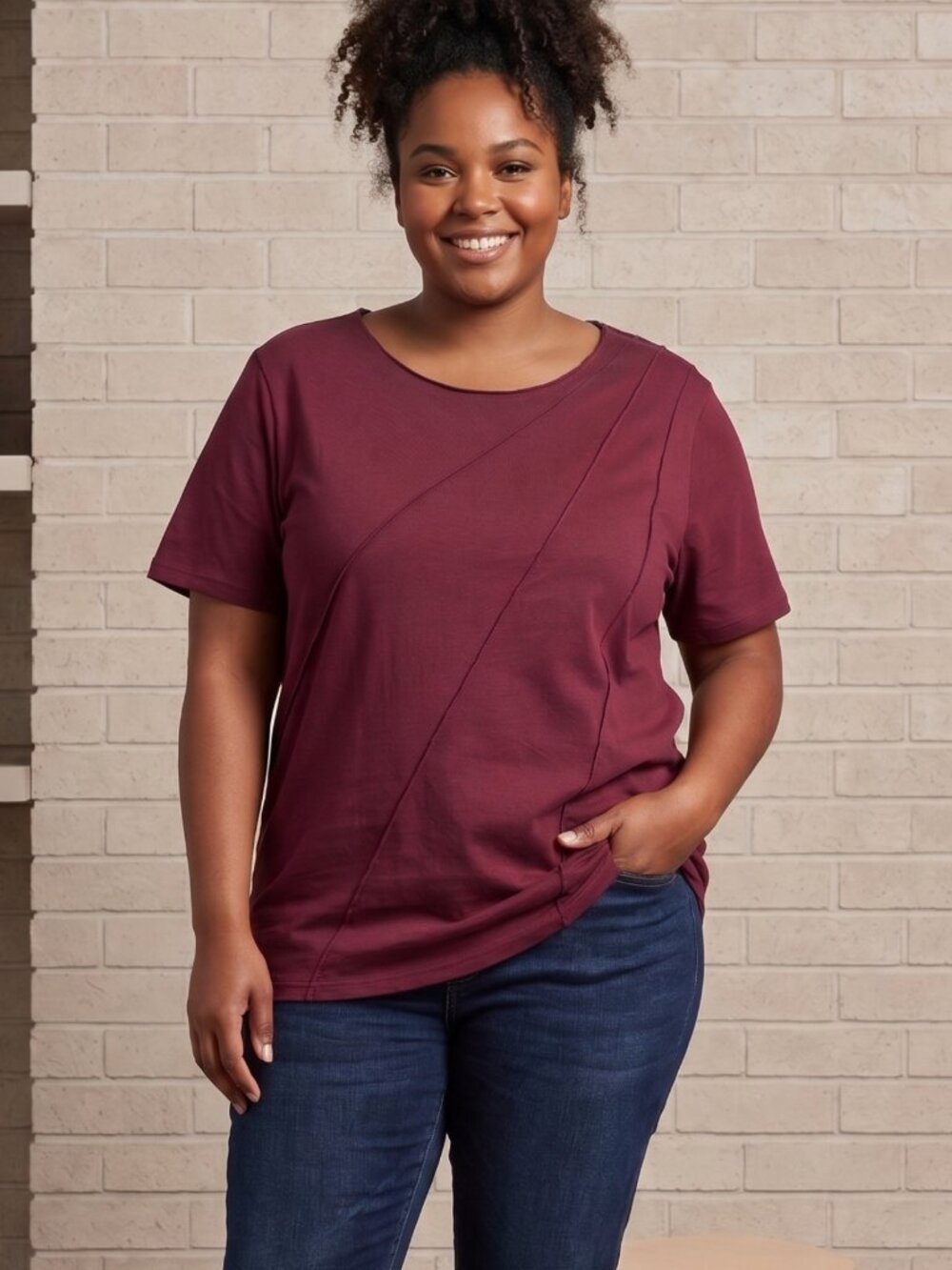 NWT | LUXVEER Burgundy Asymmetrical Pintuck Pleat Top Short Sleeve | 3XL